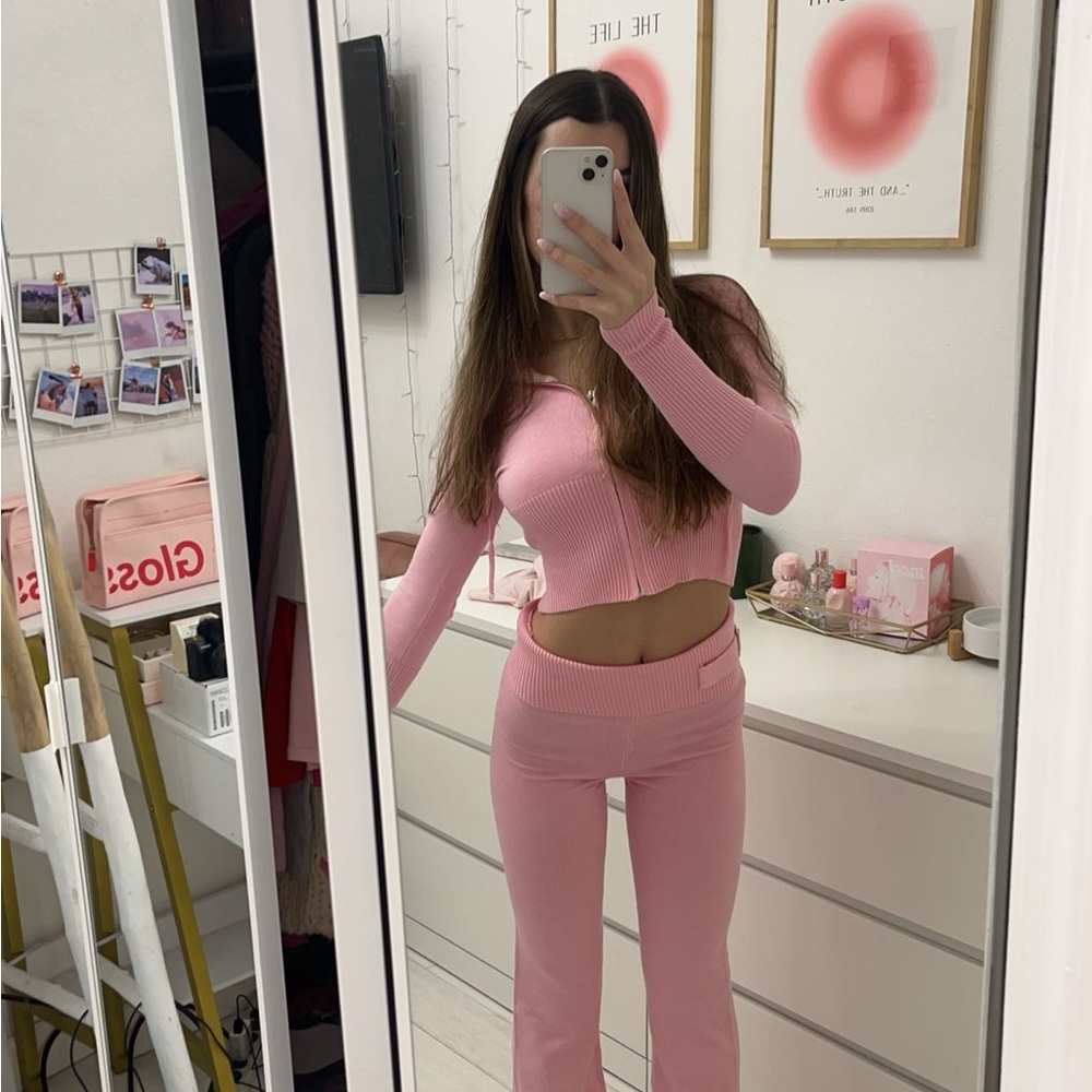 Trendy Pink Ribbed Two-Piece Set